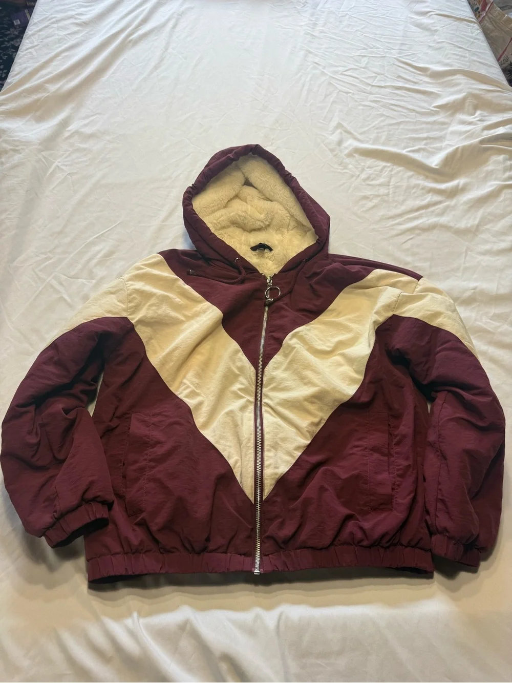 Topshop Burgundy and Cream Hooded Puffer Jacket